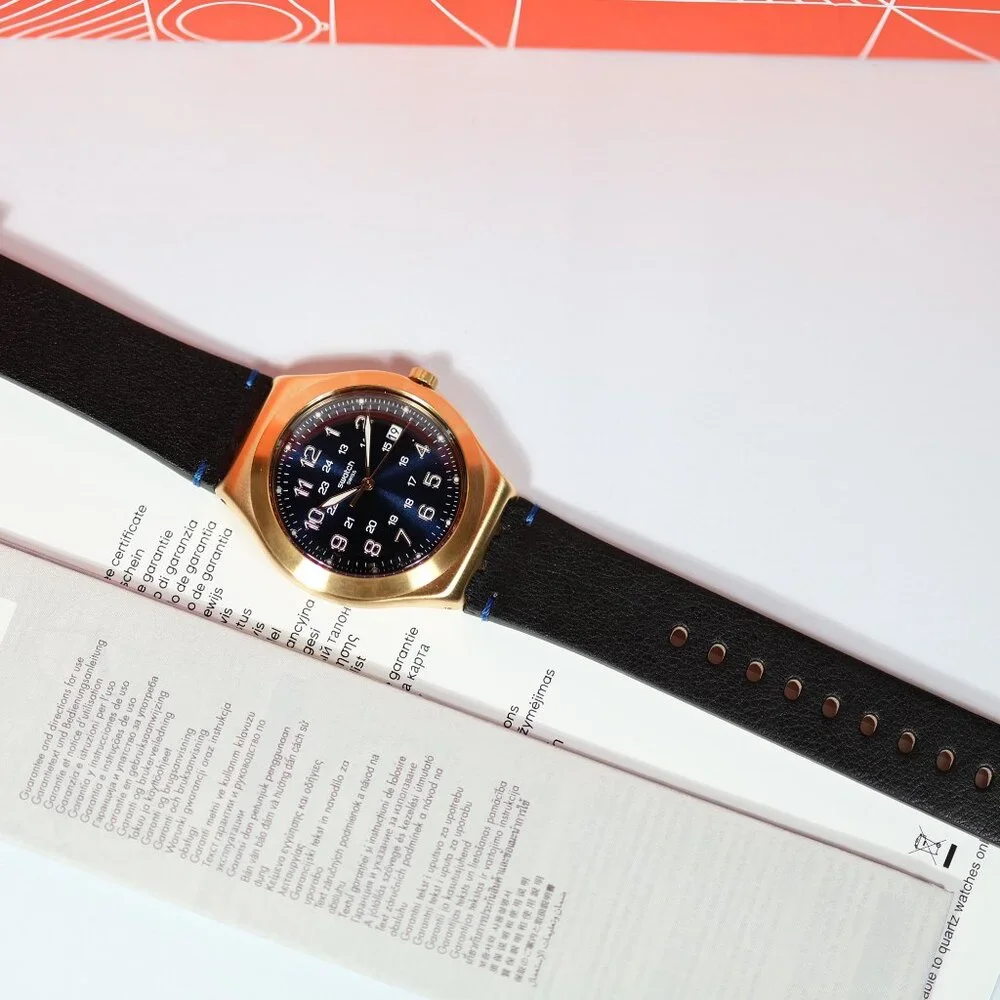 Limited Swiss Swatch Made Irony Gold Colored Blue Happy Joe Golden YWG408 41MM